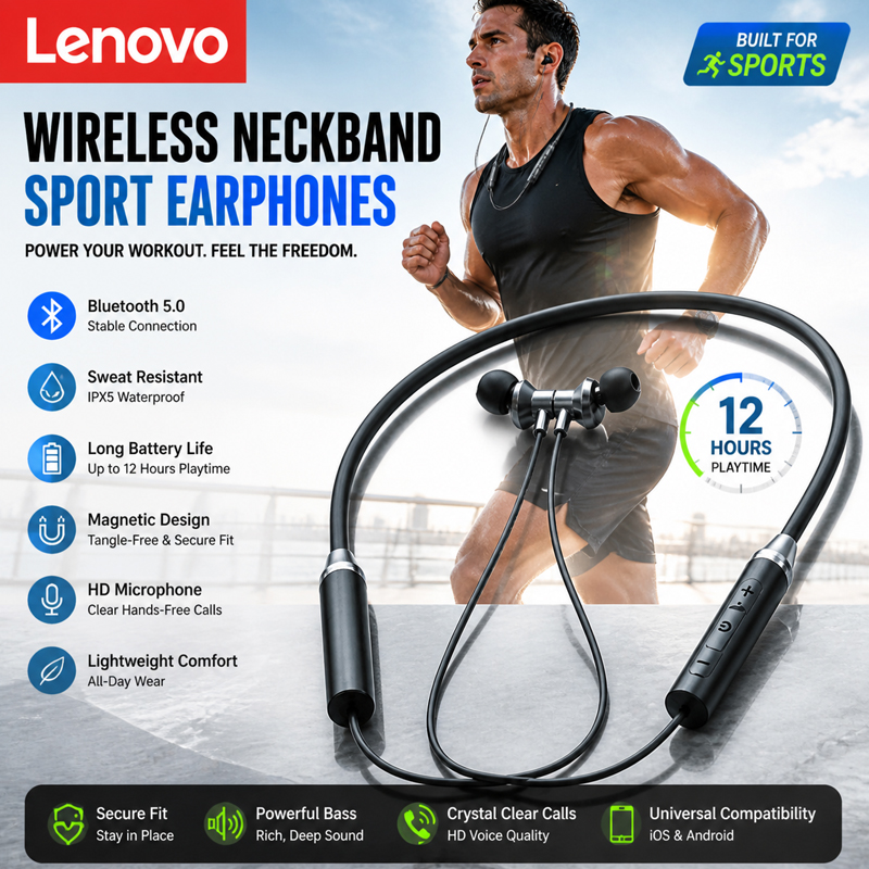 Audiophile Headphone Wired - NEW Lenovo HE05X Neck Bluetooth 5.0