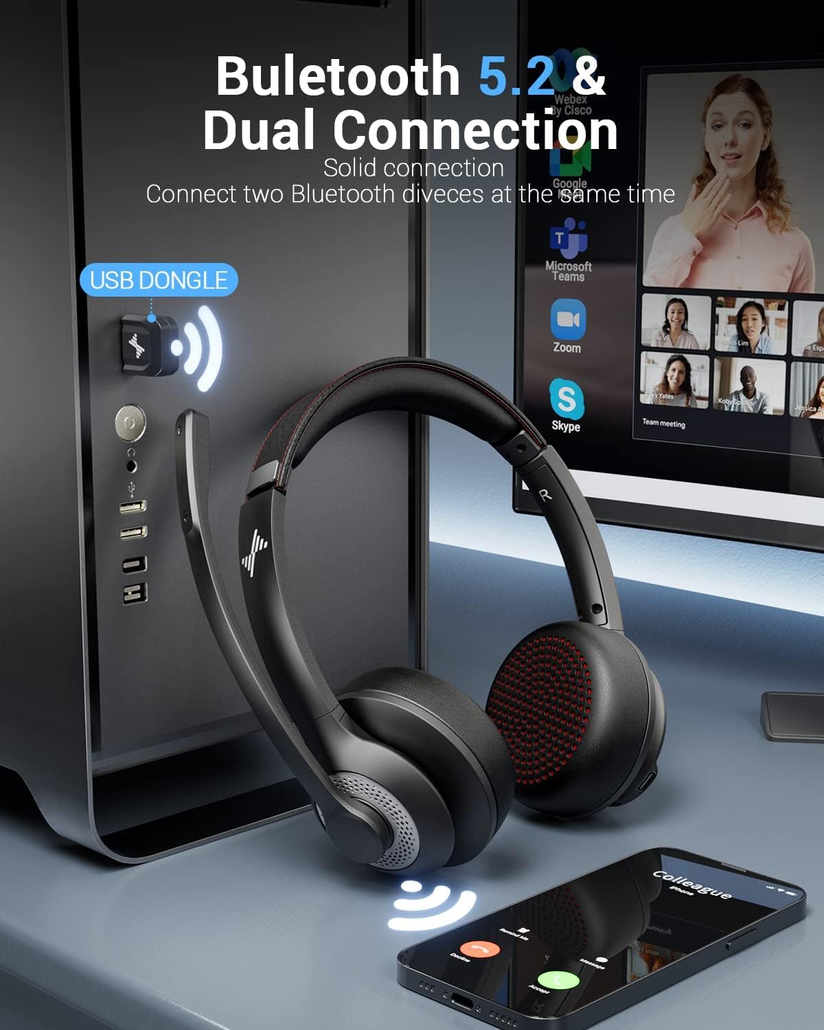 Bluetooth 5.2 Headset with Mic - Bluetooth Headset On Ear ulasan dan harga